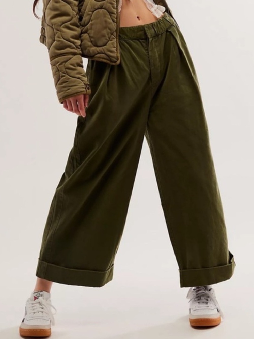 Free People After Love Roll Cuff Wide Leg Pants Olive Green Size Medium